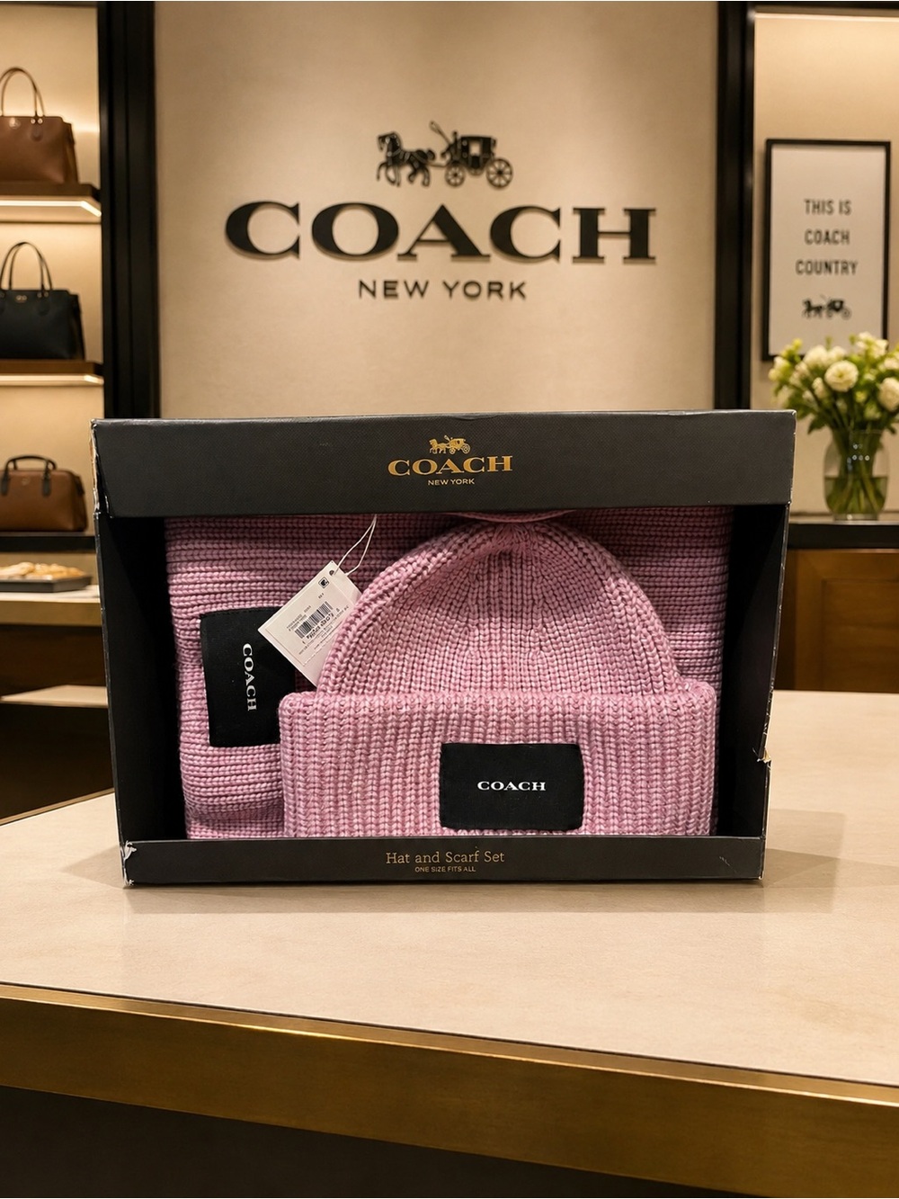 Coach Woven Patch Knit Beanie & Scarf Set Faded Pink In Gift Box NWT MSRP $225